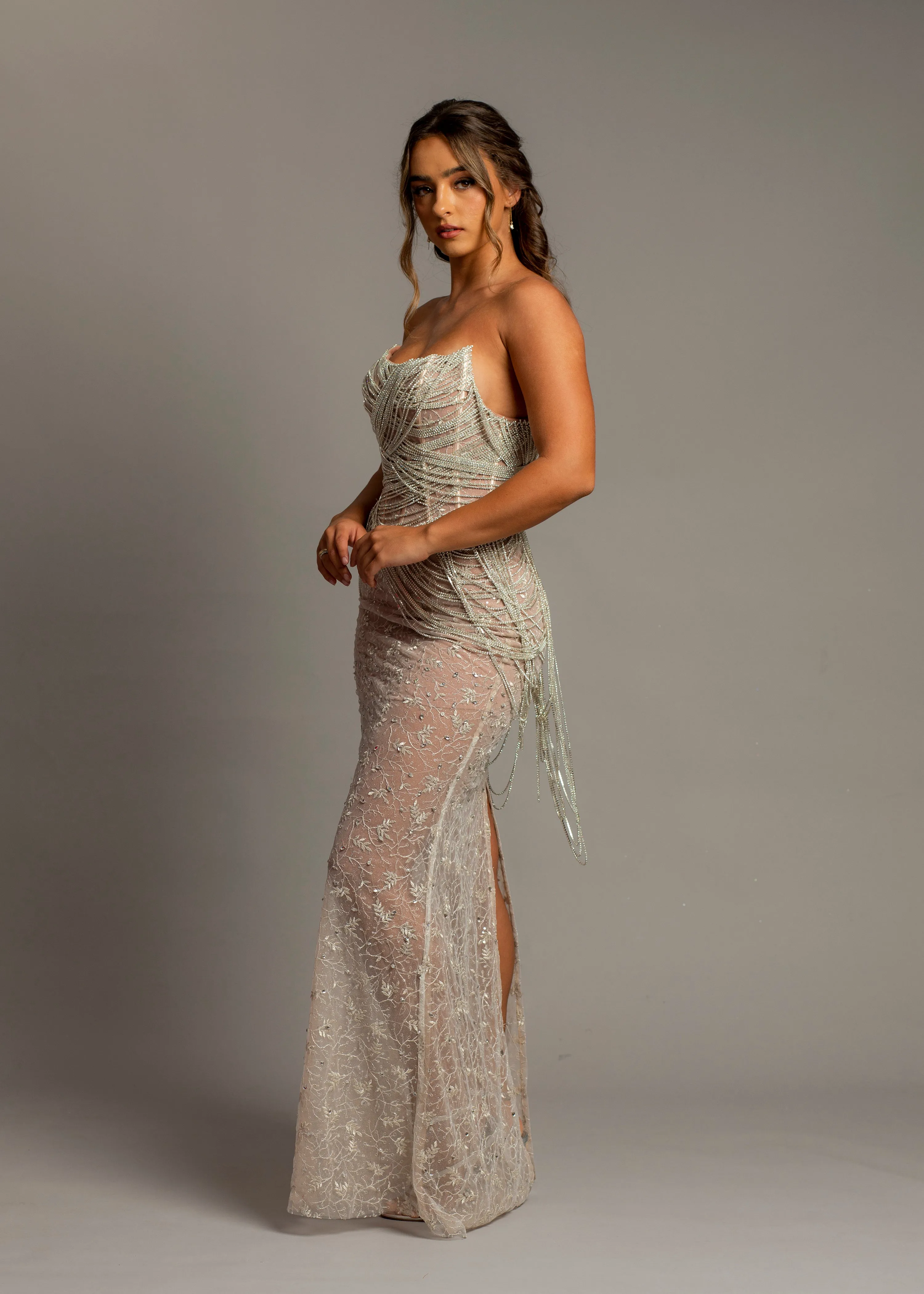 Nude sheer leg crystal chain dangling mermaid dress