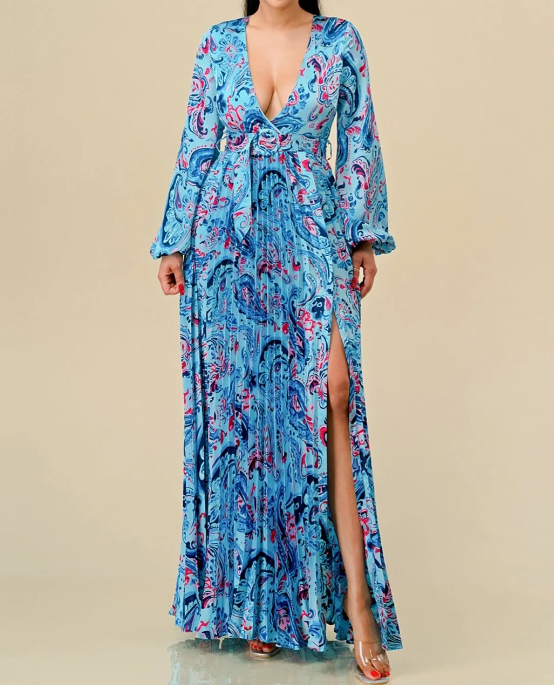 Paisley Print Long Sleeve Maxi Dress