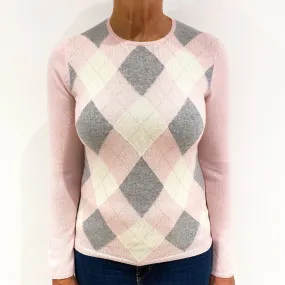 Pink, Grey and Cream Diamond Patterned Cashmere Crew Neck Jumper Medium