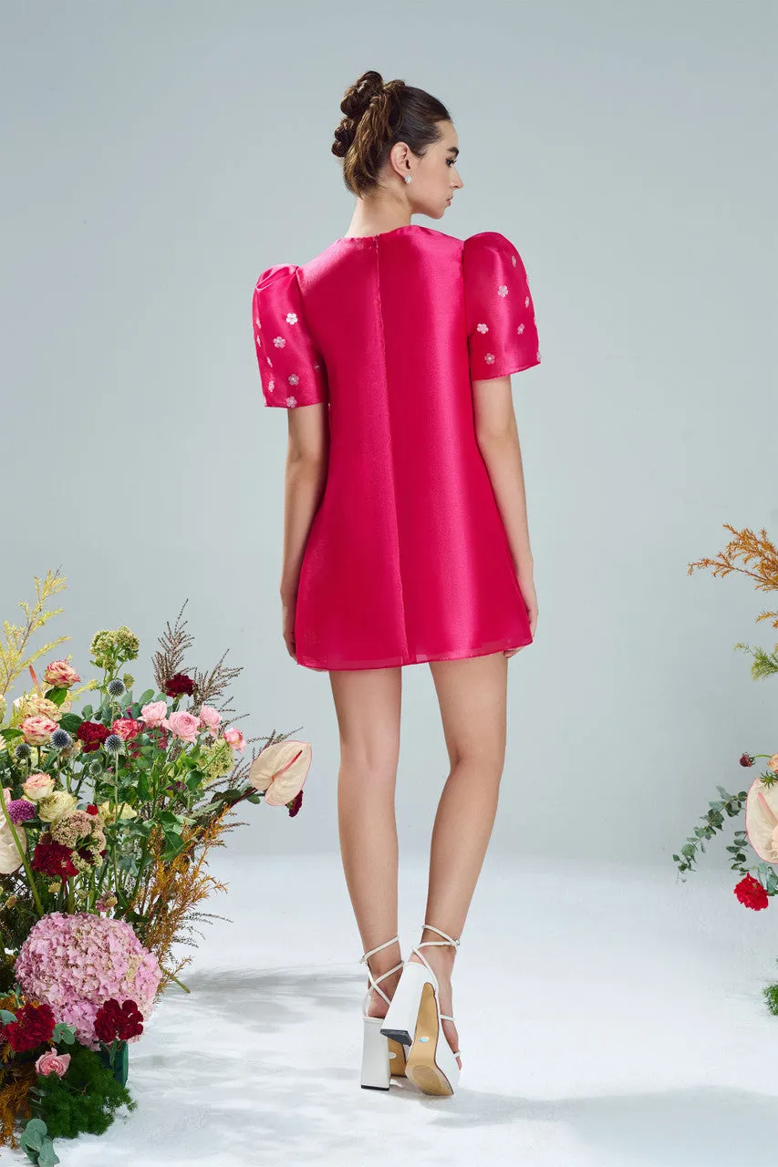 Pink Silk Organza Dress with Floral Appliqués