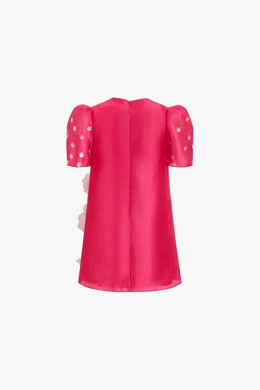 Pink Silk Organza Dress with Floral Appliqués