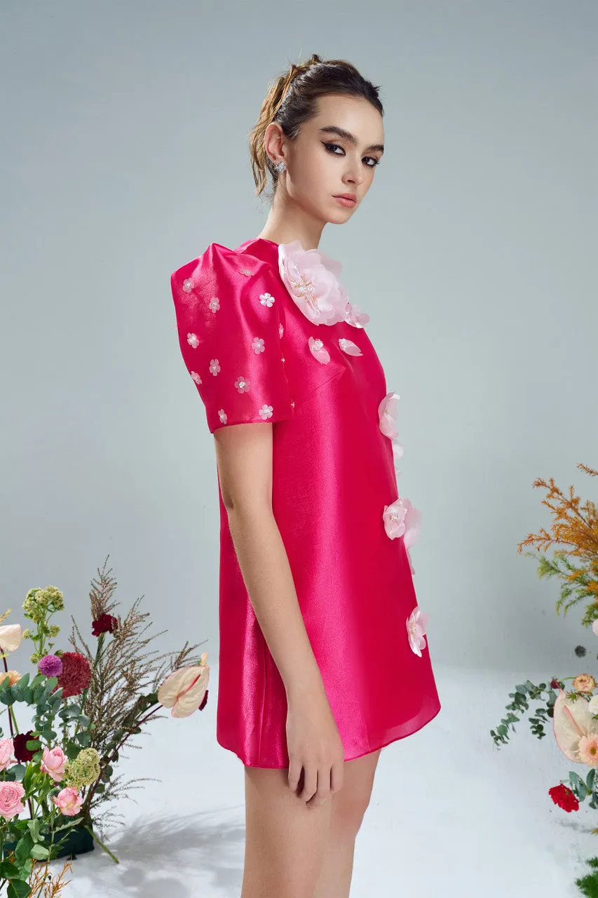 Pink Silk Organza Dress with Floral Appliqués