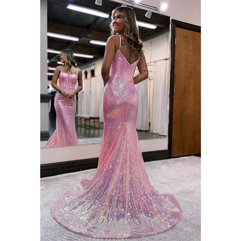 Plunging V-neck Bone Sequins Pink Long Prom Dress Glitter