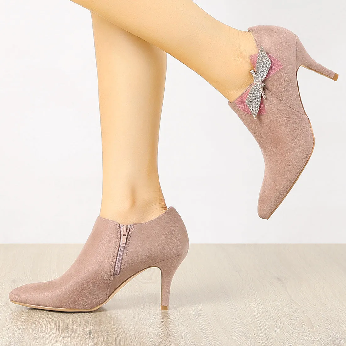Pointed Toe Bow Decor Stiletto Heel Ankle Boots