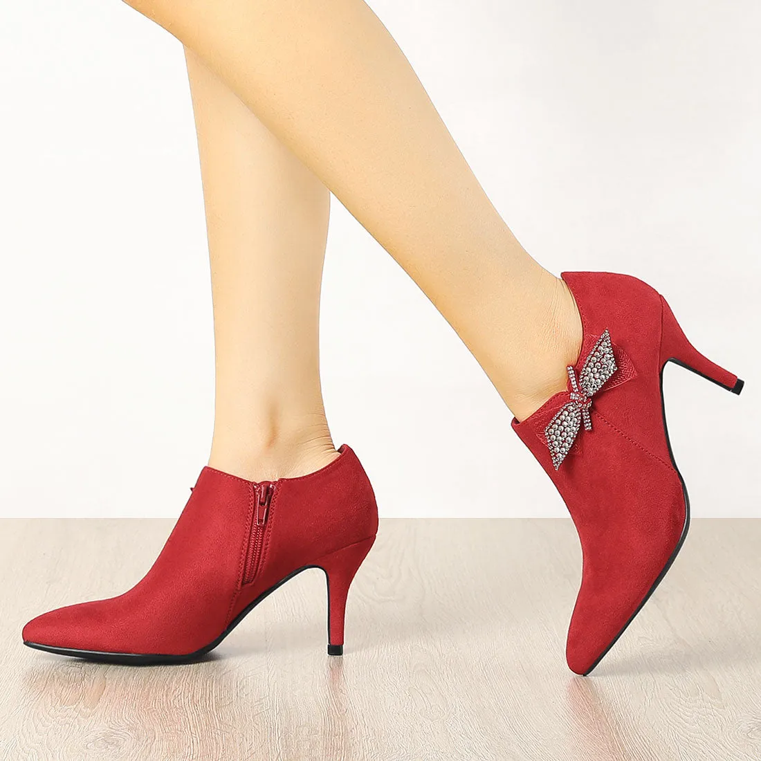 Pointed Toe Bow Decor Stiletto Heel Ankle Boots