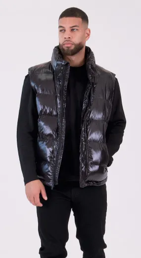 PUFFER VEST | Black Ciré Sheen