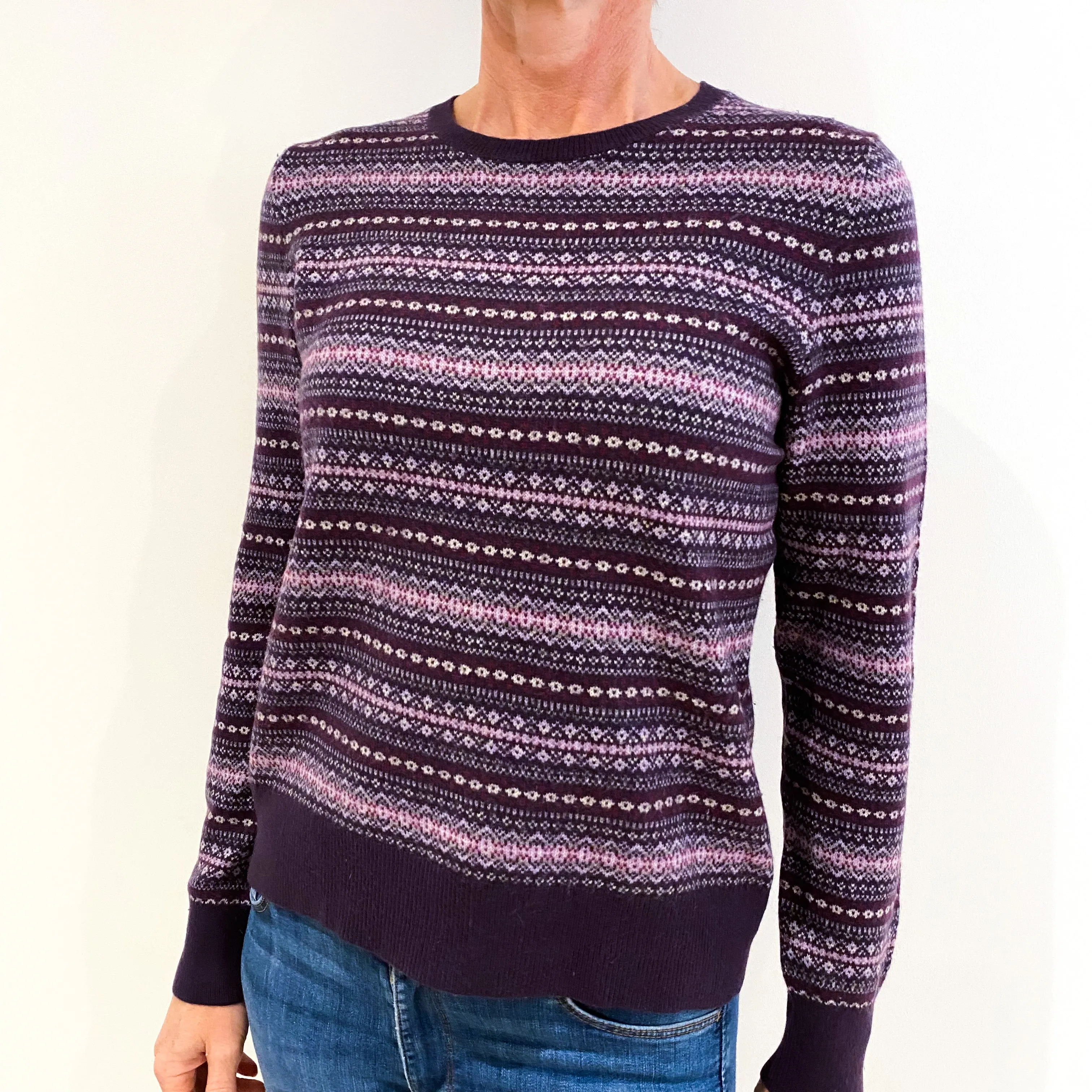 Purple Fair Isle Cashmere Crew Neck Jumper Small