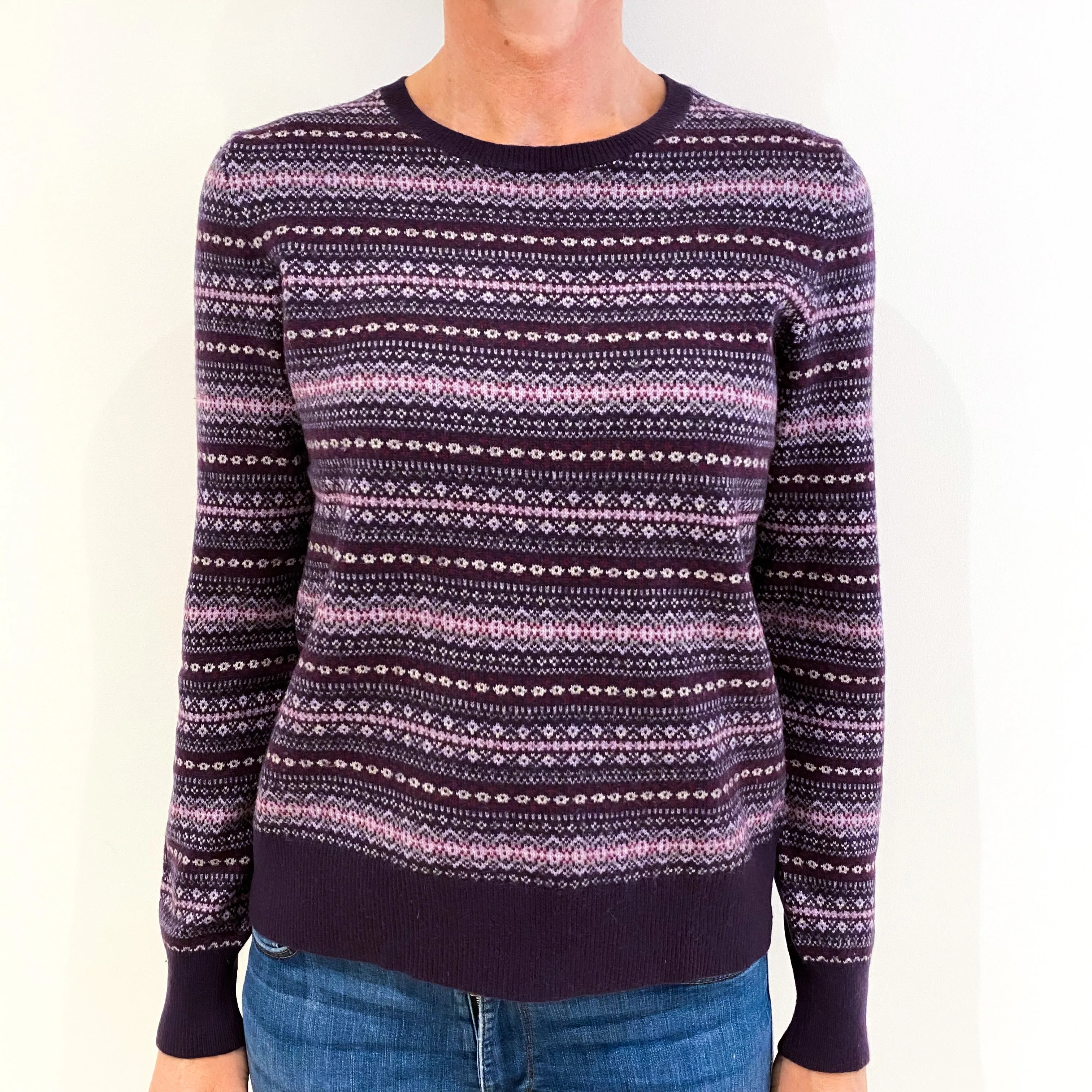 Purple Fair Isle Cashmere Crew Neck Jumper Small