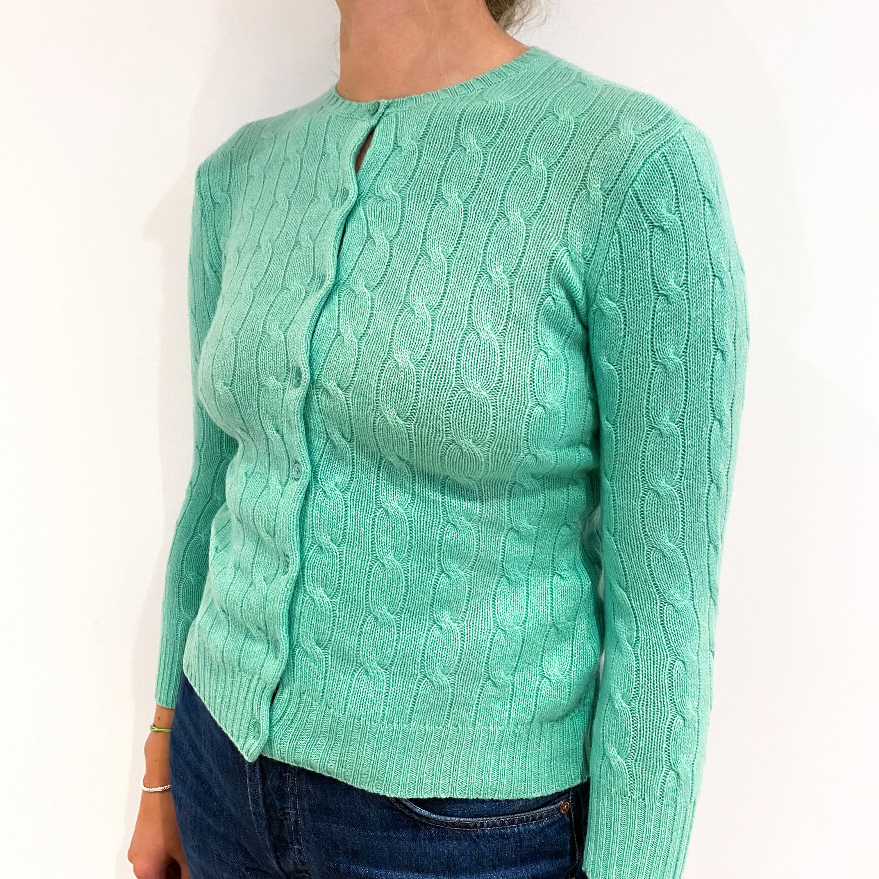Ralph Lauren Deep Mint Green Cable Knit Cashmere Cardigan Small