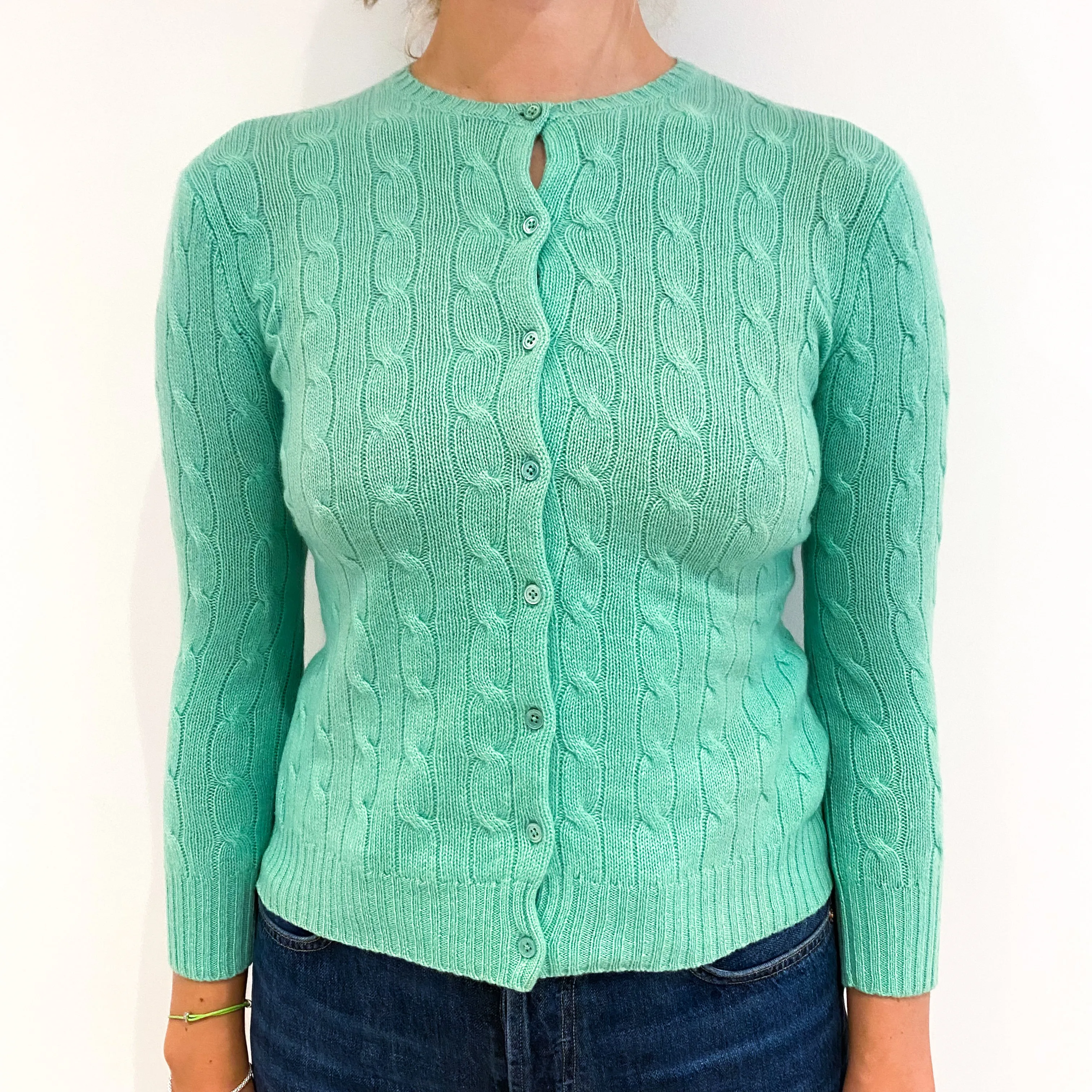 Ralph Lauren Deep Mint Green Cable Knit Cashmere Cardigan Small