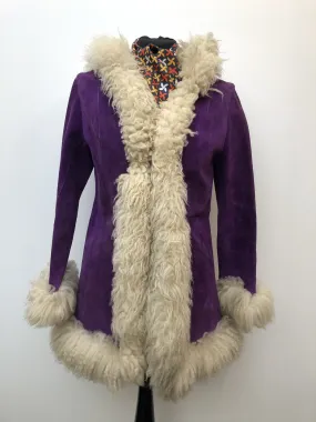 Rare 1970s Suede Shearling Hooded Jacket in Purple - Size 10