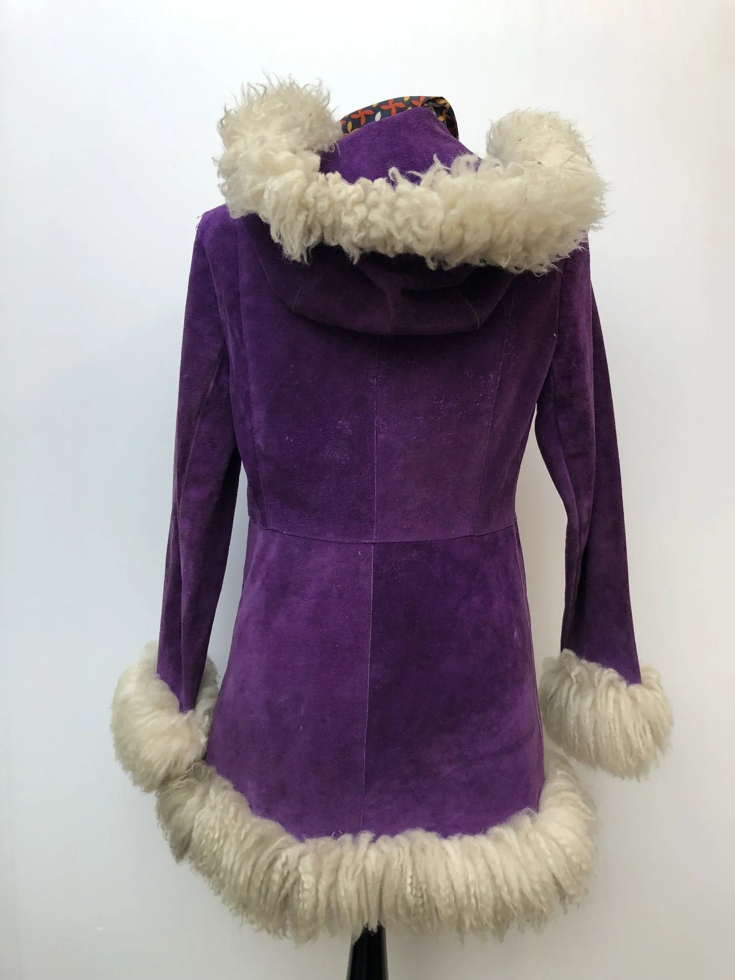 Rare 1970s Suede Shearling Hooded Jacket in Purple - Size 10