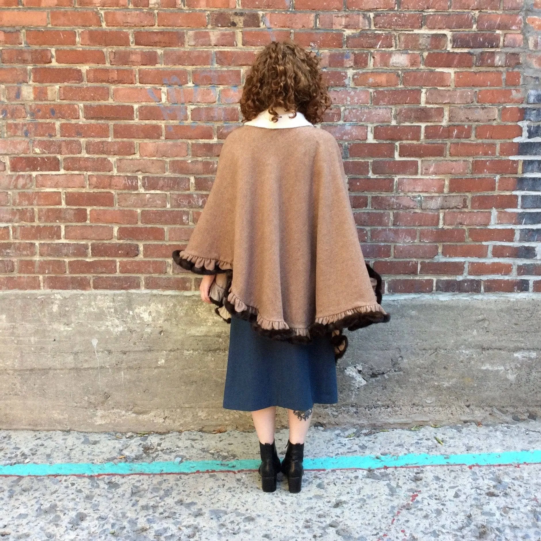 Reversible Wool Shawl With Flounce Hem and Mink Fur Trim