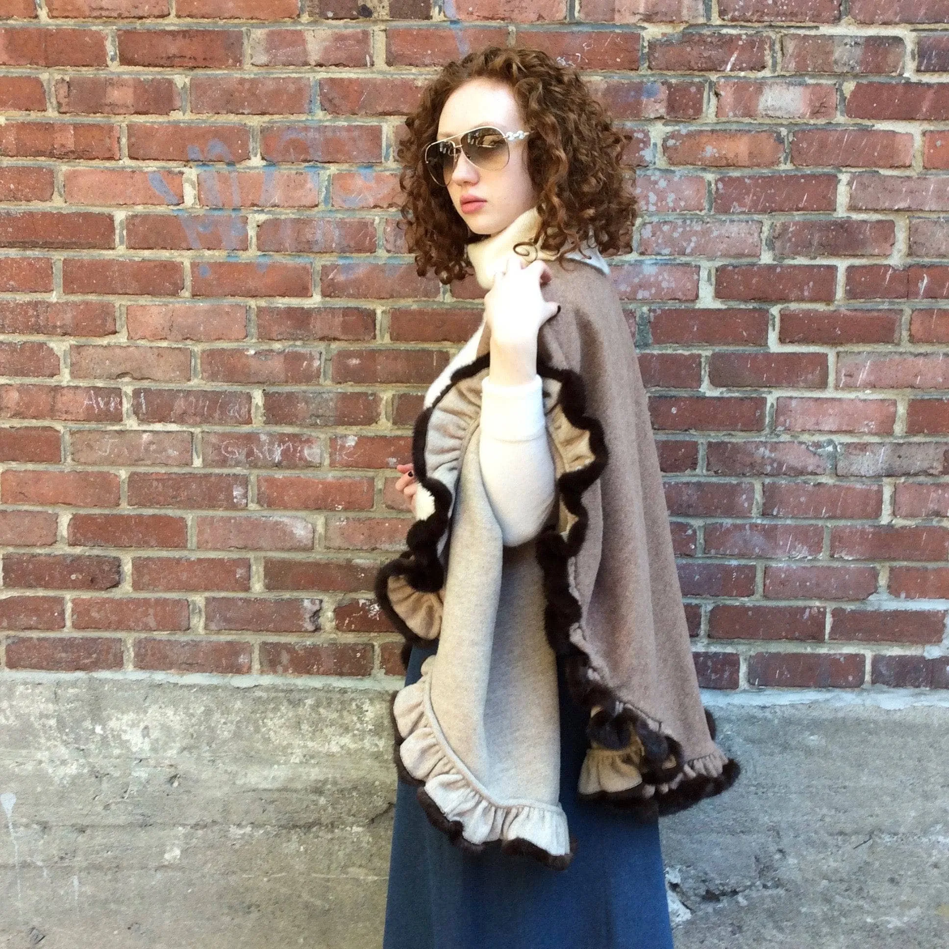 Reversible Wool Shawl With Flounce Hem and Mink Fur Trim