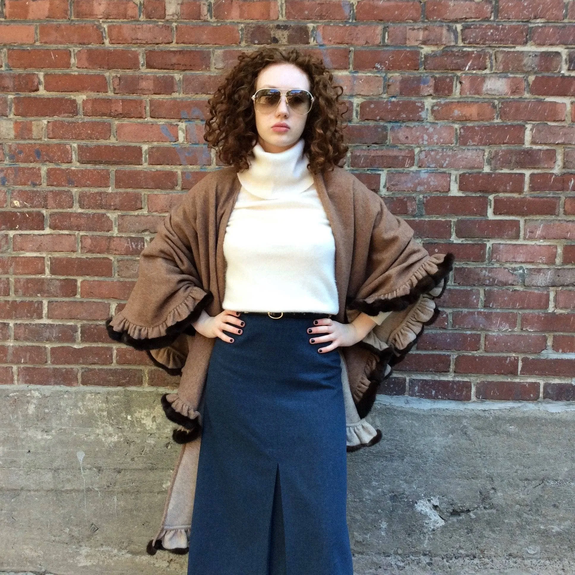Reversible Wool Shawl With Flounce Hem and Mink Fur Trim