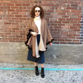 Reversible Wool Shawl With Flounce Hem and Mink Fur Trim