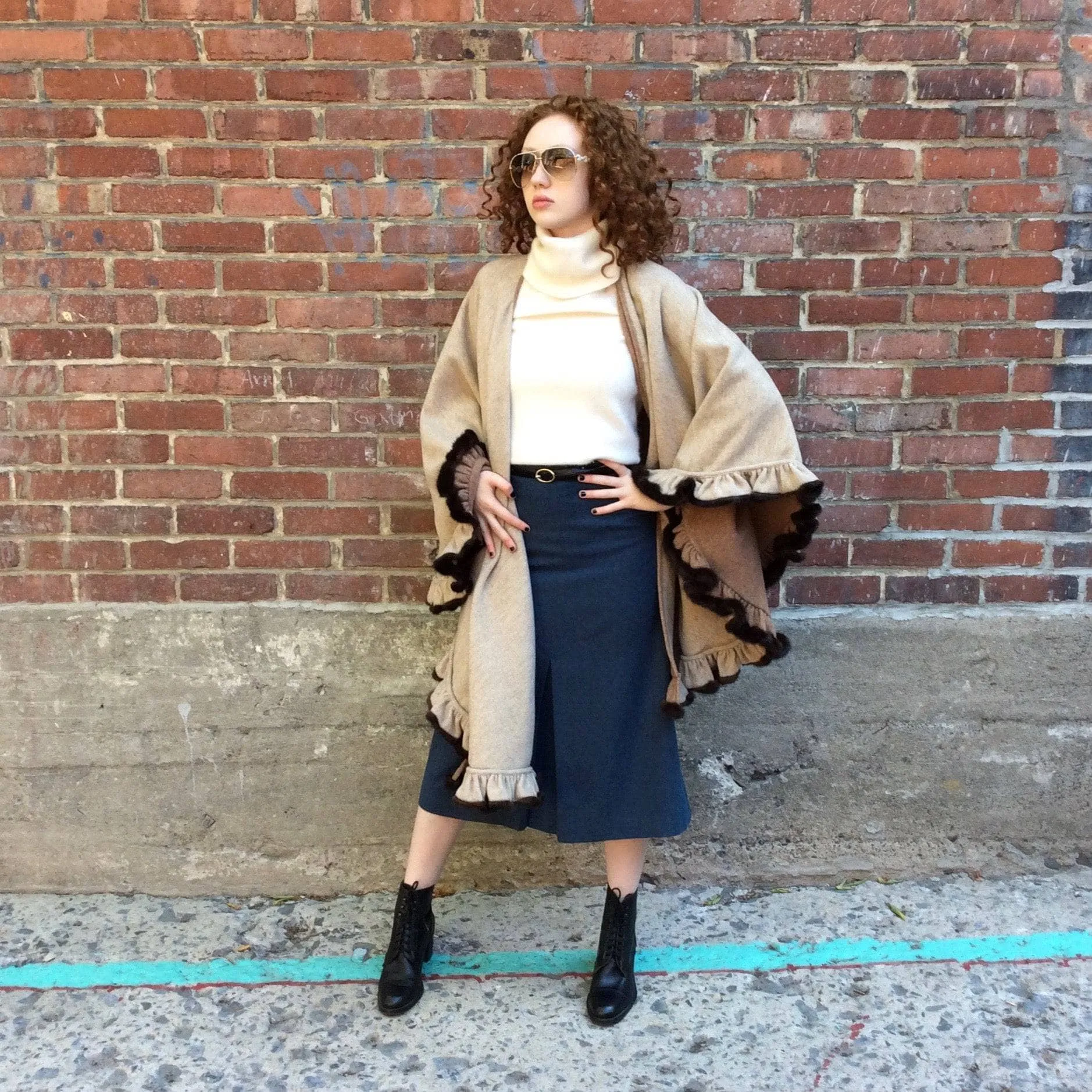 Reversible Wool Shawl With Flounce Hem and Mink Fur Trim