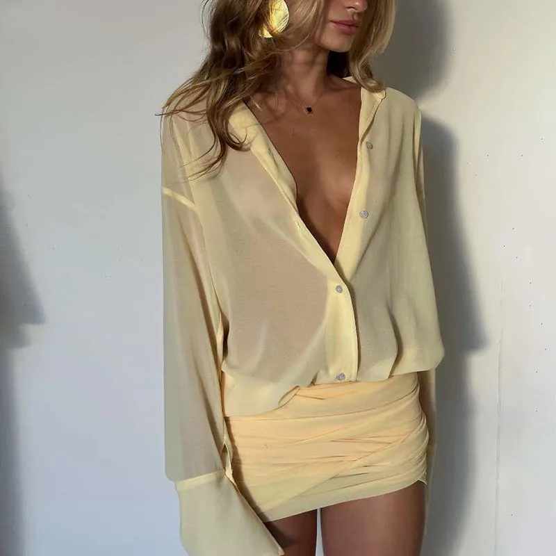 Ruby Sexy Long Sleeve Turn-down Collar Bag Hip Strap Shirt Dress