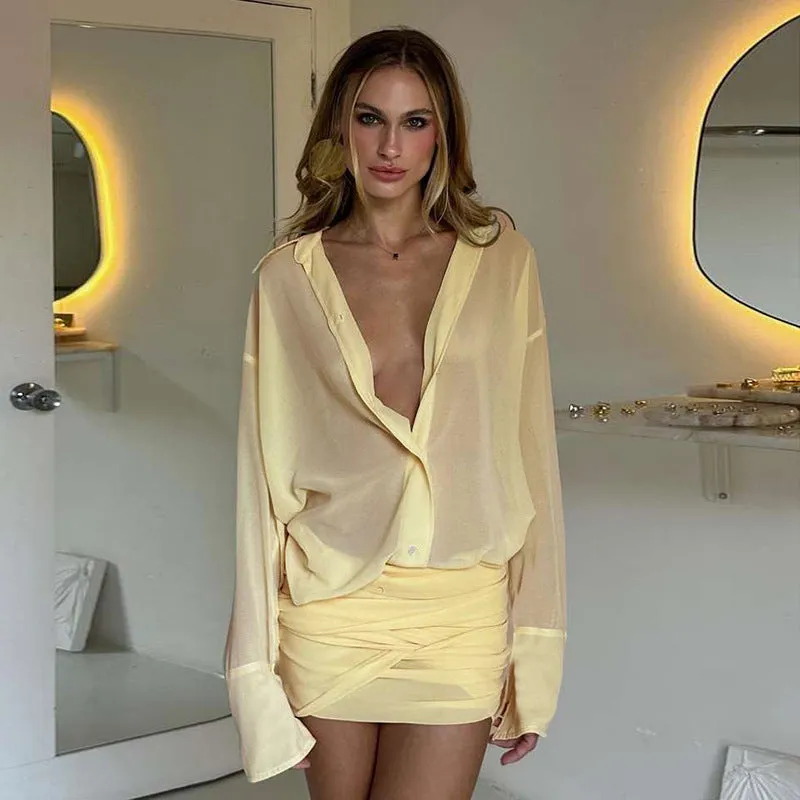 Ruby Sexy Long Sleeve Turn-down Collar Bag Hip Strap Shirt Dress