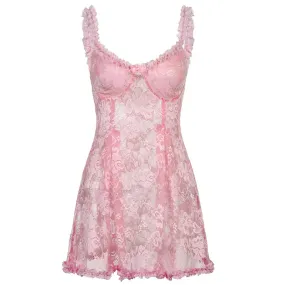 See Through Mesh Lace Dress Pink Black Y2k Aesthetic Fairy Grunge Cami Mini Dresses Sexy Summer Clubwear P77-CF31