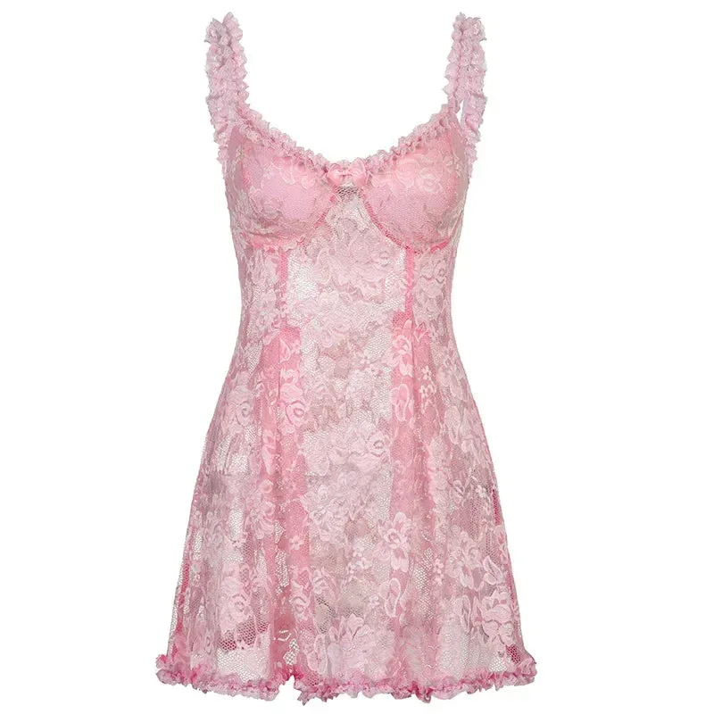 See Through Mesh Lace Dress Pink Black Y2k Aesthetic Fairy Grunge Cami Mini Dresses Sexy Summer Clubwear P77-CF31
