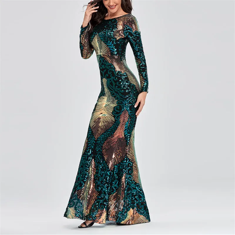 Sexy backless premium sequins mermaid long dress | Long sleeves banquet cocktail party dress evening gowns