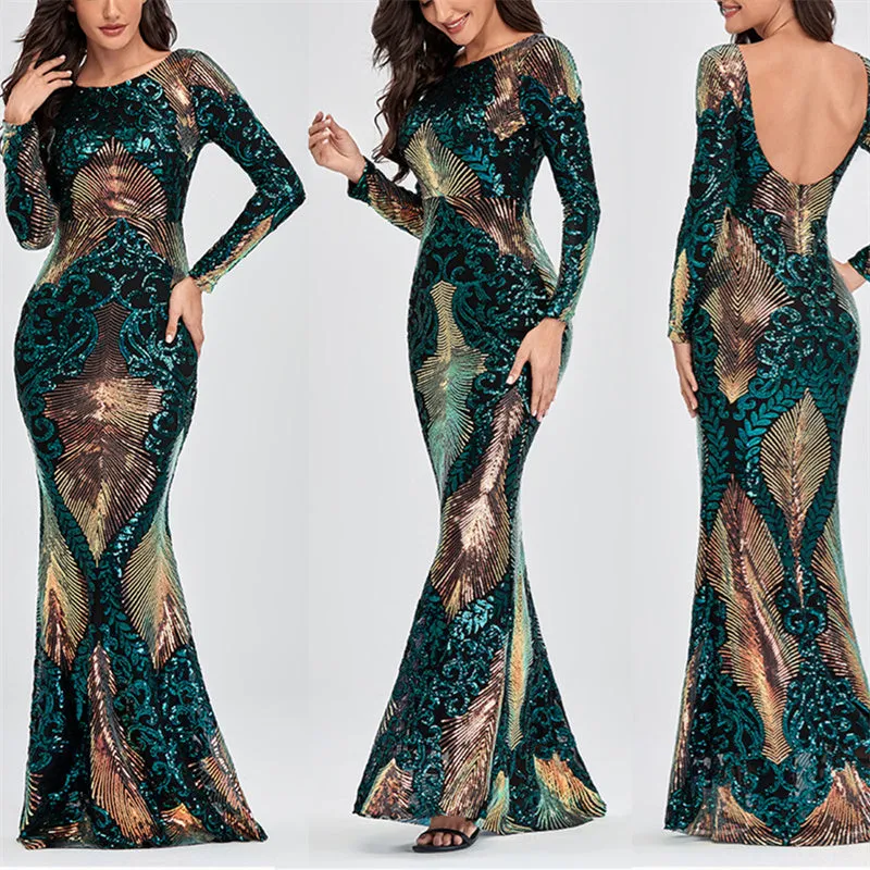 Sexy backless premium sequins mermaid long dress | Long sleeves banquet cocktail party dress evening gowns