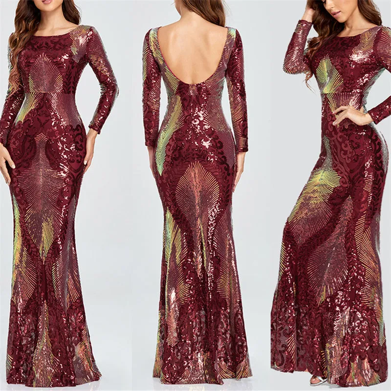 Sexy backless premium sequins mermaid long dress | Long sleeves banquet cocktail party dress evening gowns