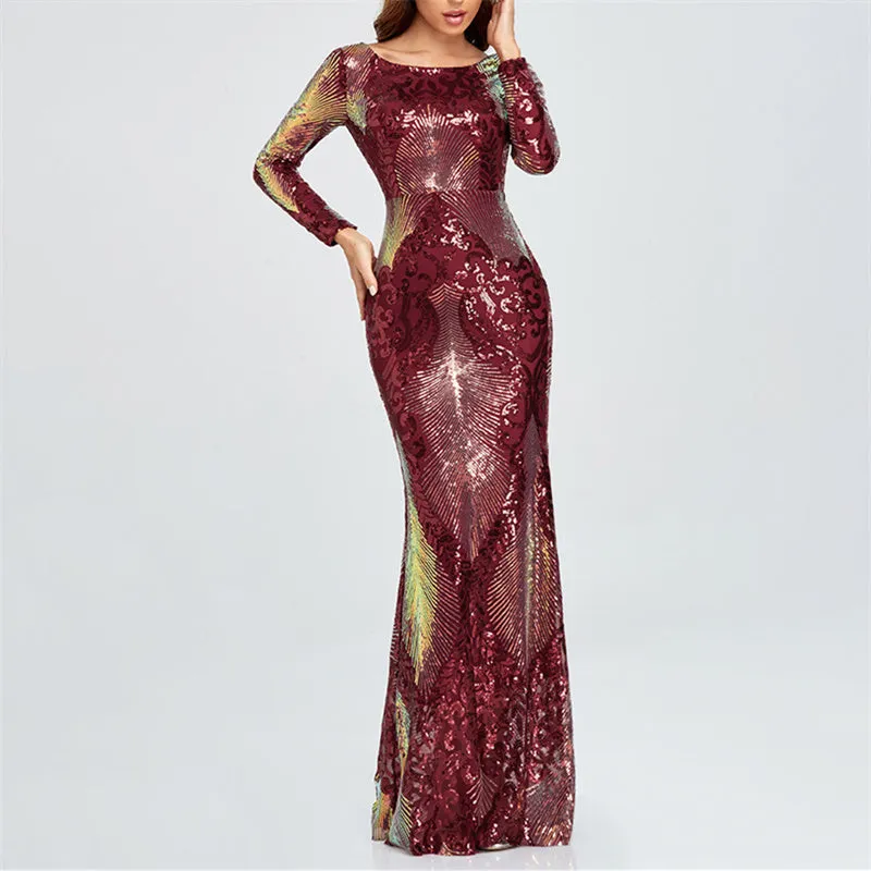 Sexy backless premium sequins mermaid long dress | Long sleeves banquet cocktail party dress evening gowns