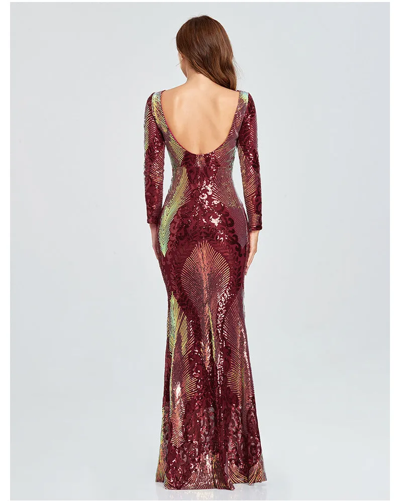 Sexy backless premium sequins mermaid long dress | Long sleeves banquet cocktail party dress evening gowns