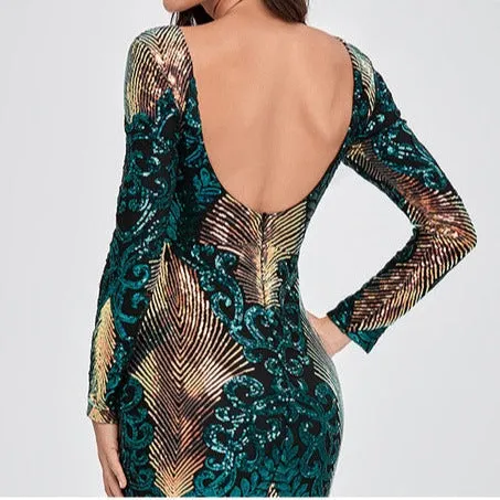 Sexy backless premium sequins mermaid long dress | Long sleeves banquet cocktail party dress evening gowns