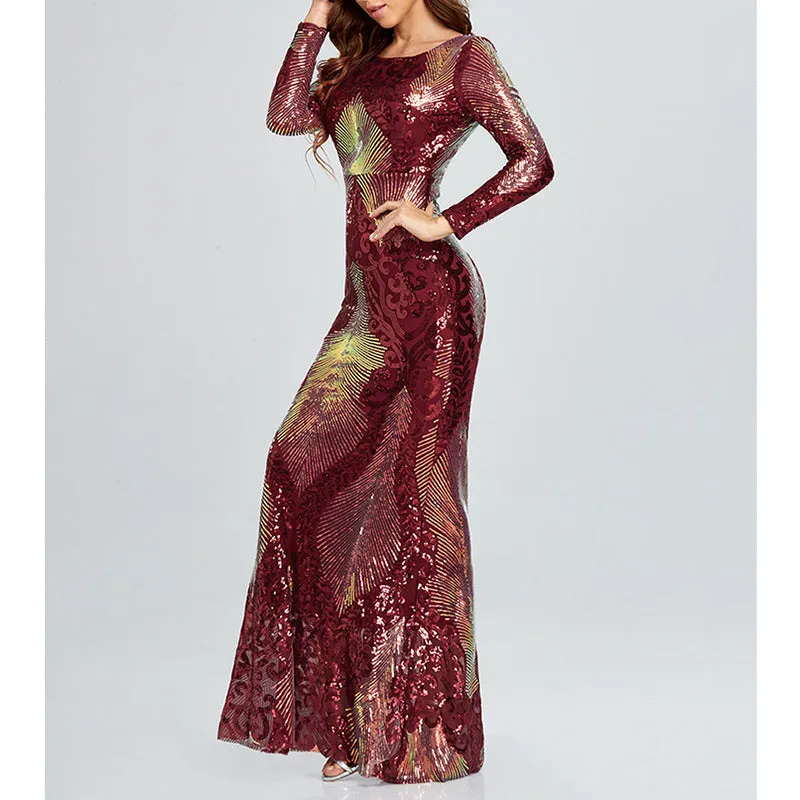 Sexy backless premium sequins mermaid long dress | Long sleeves banquet cocktail party dress evening gowns