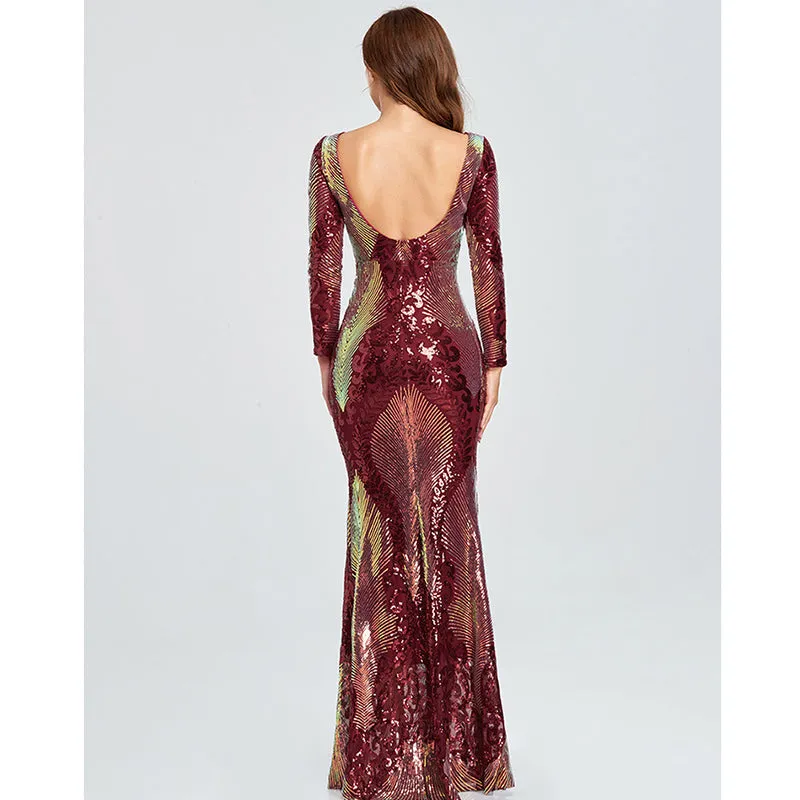 Sexy backless premium sequins mermaid long dress | Long sleeves banquet cocktail party dress evening gowns