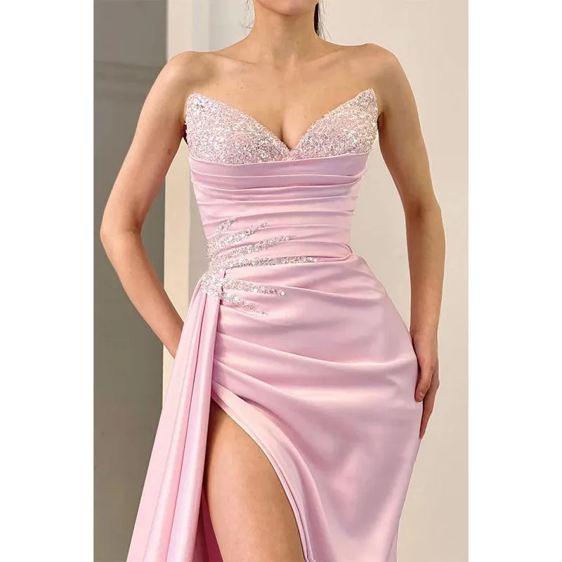 Sexy V-neck Beads High Split Long Formal Evening Gowns