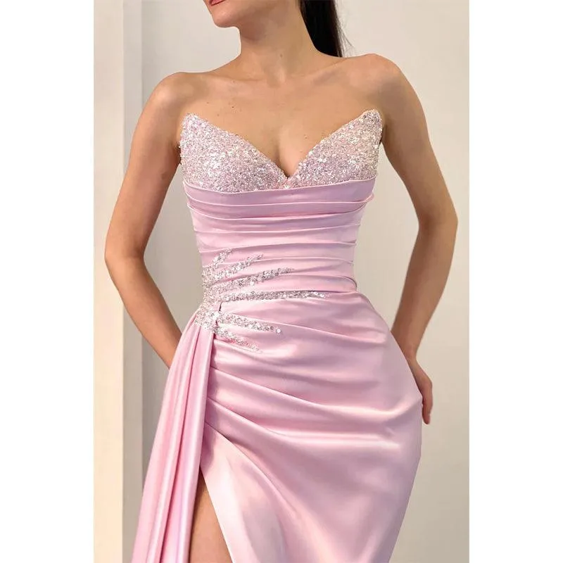 Sexy V-neck Beads High Split Long Formal Evening Gowns