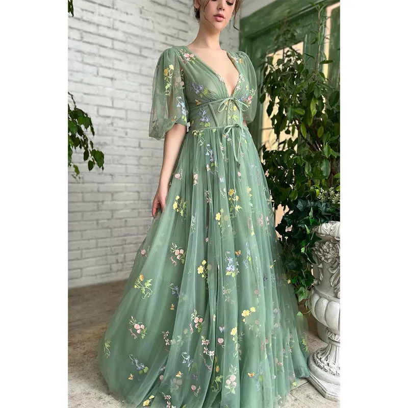 Sexy V-neck Half Sleeves Embroidery Lace Prom Dress with Pockets