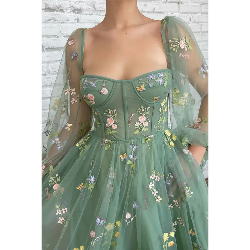 Sexy V-neck Half Sleeves Embroidery Lace Prom Dress with Pockets