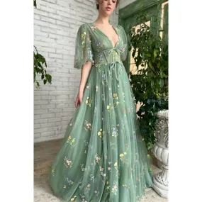 Sexy V-neck Half Sleeves Embroidery Lace Prom Dress with Pockets