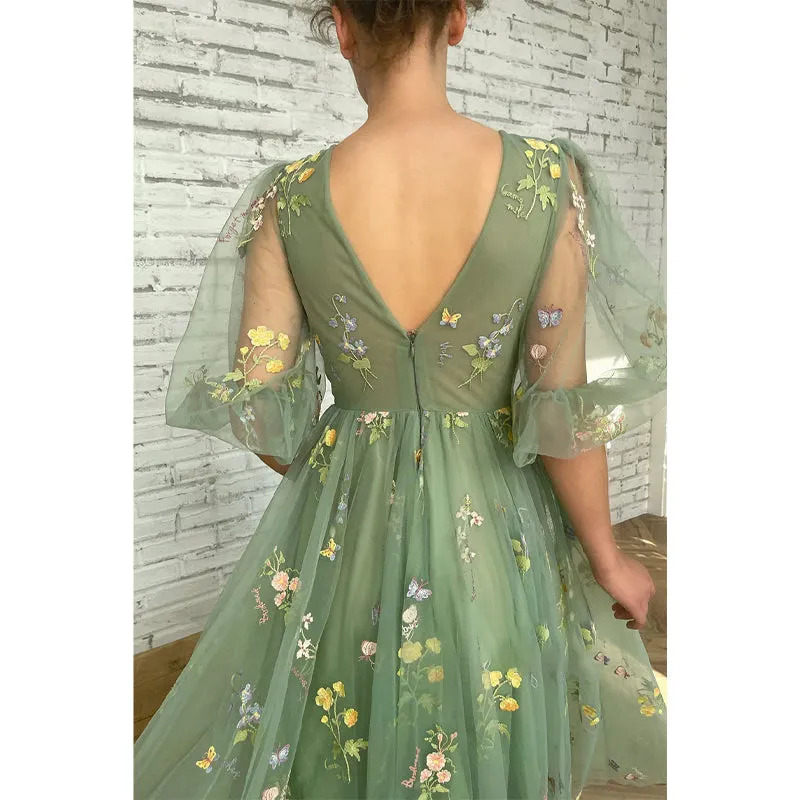 Sexy V-neck Half Sleeves Embroidery Lace Prom Dress with Pockets
