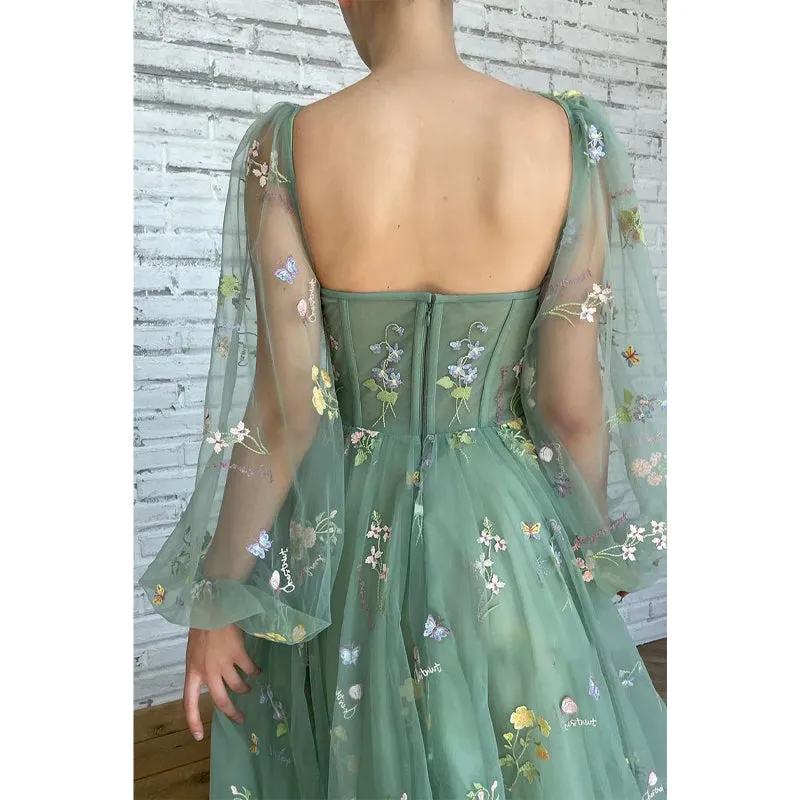 Sexy V-neck Half Sleeves Embroidery Lace Prom Dress with Pockets