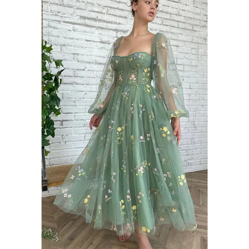 Sexy V-neck Half Sleeves Embroidery Lace Prom Dress with Pockets
