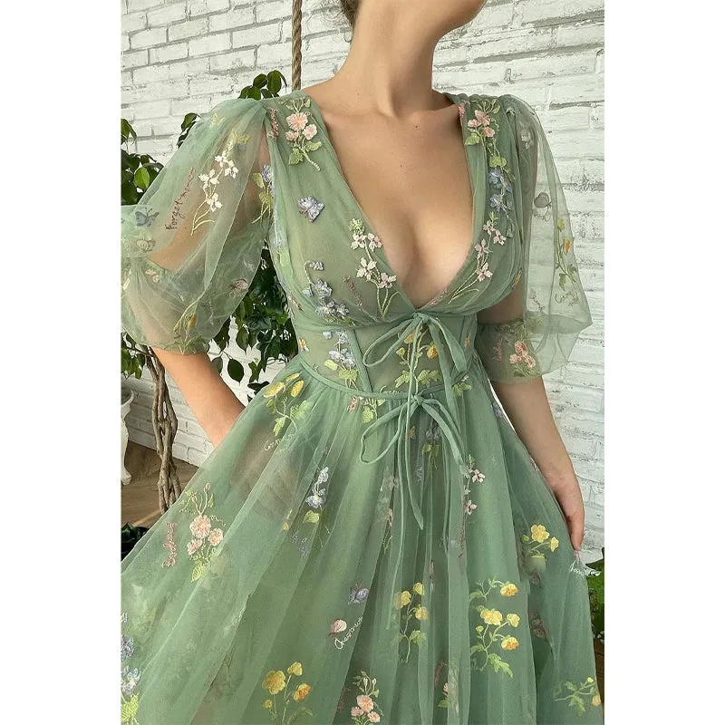 Sexy V-neck Half Sleeves Embroidery Lace Prom Dress with Pockets