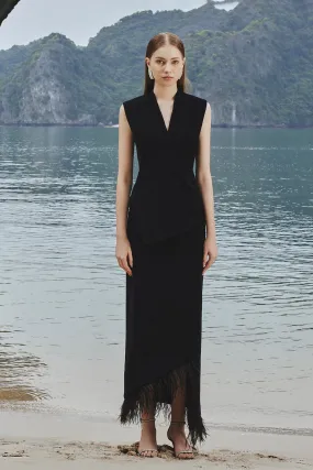 Sleeveless Blazer and Skirt with Feathers