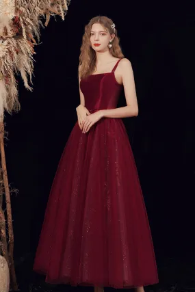 Spaghetti Straps Tulle Long Prom Dress, Burgundy Evening Party Dress