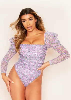 Stella Lilac Ditsy Floral Print Ruched Bodysuit