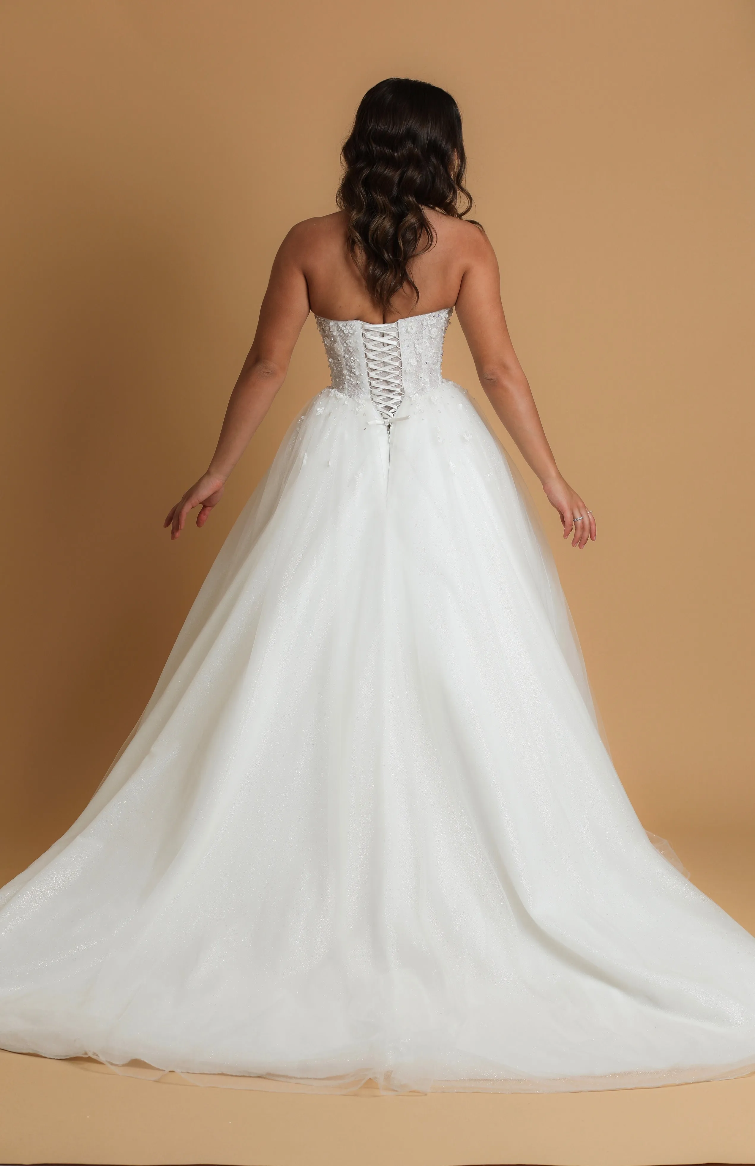 Strapless pointed neckline wedding dress for hire