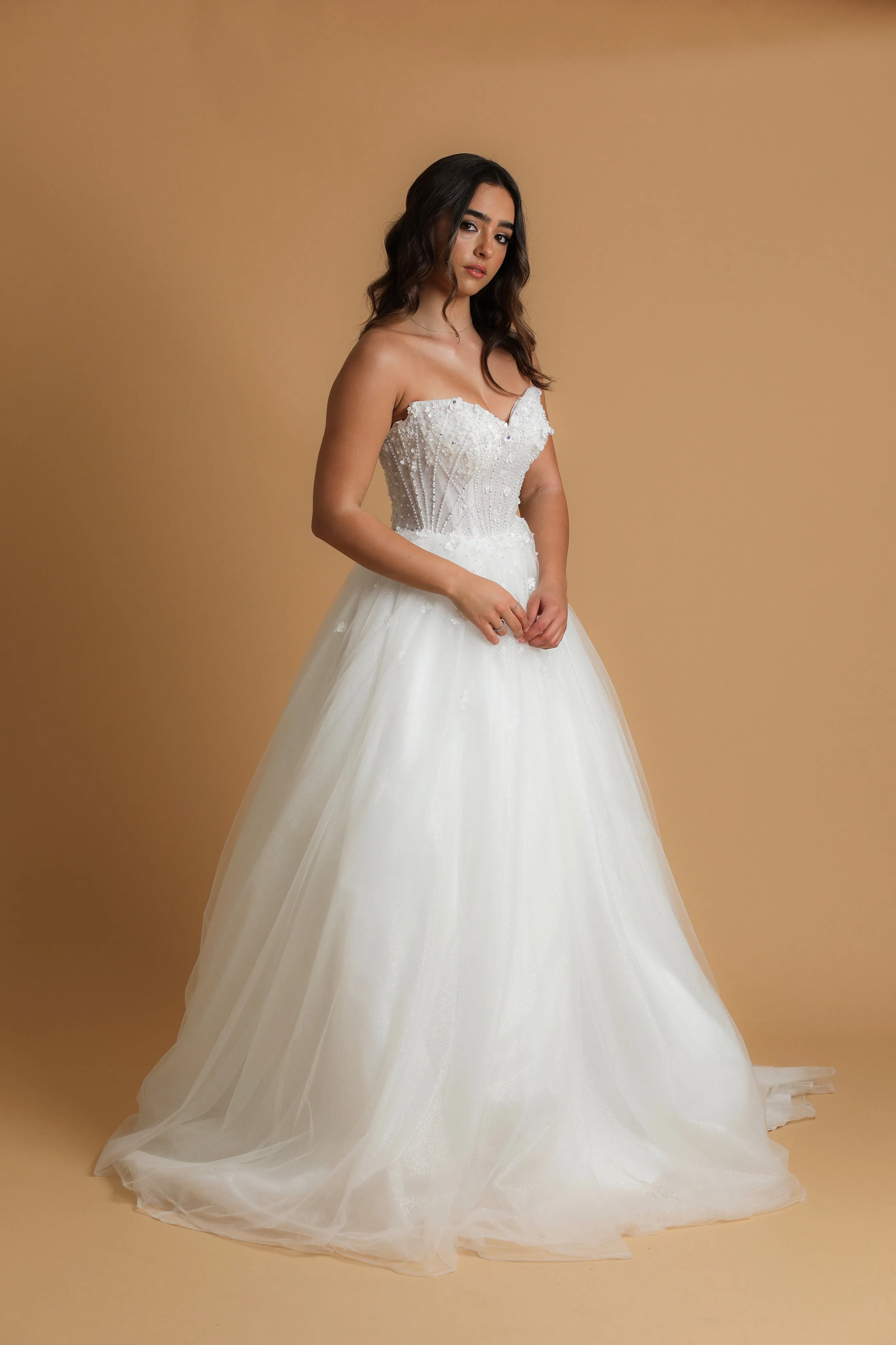 Strapless pointed neckline wedding dress for hire