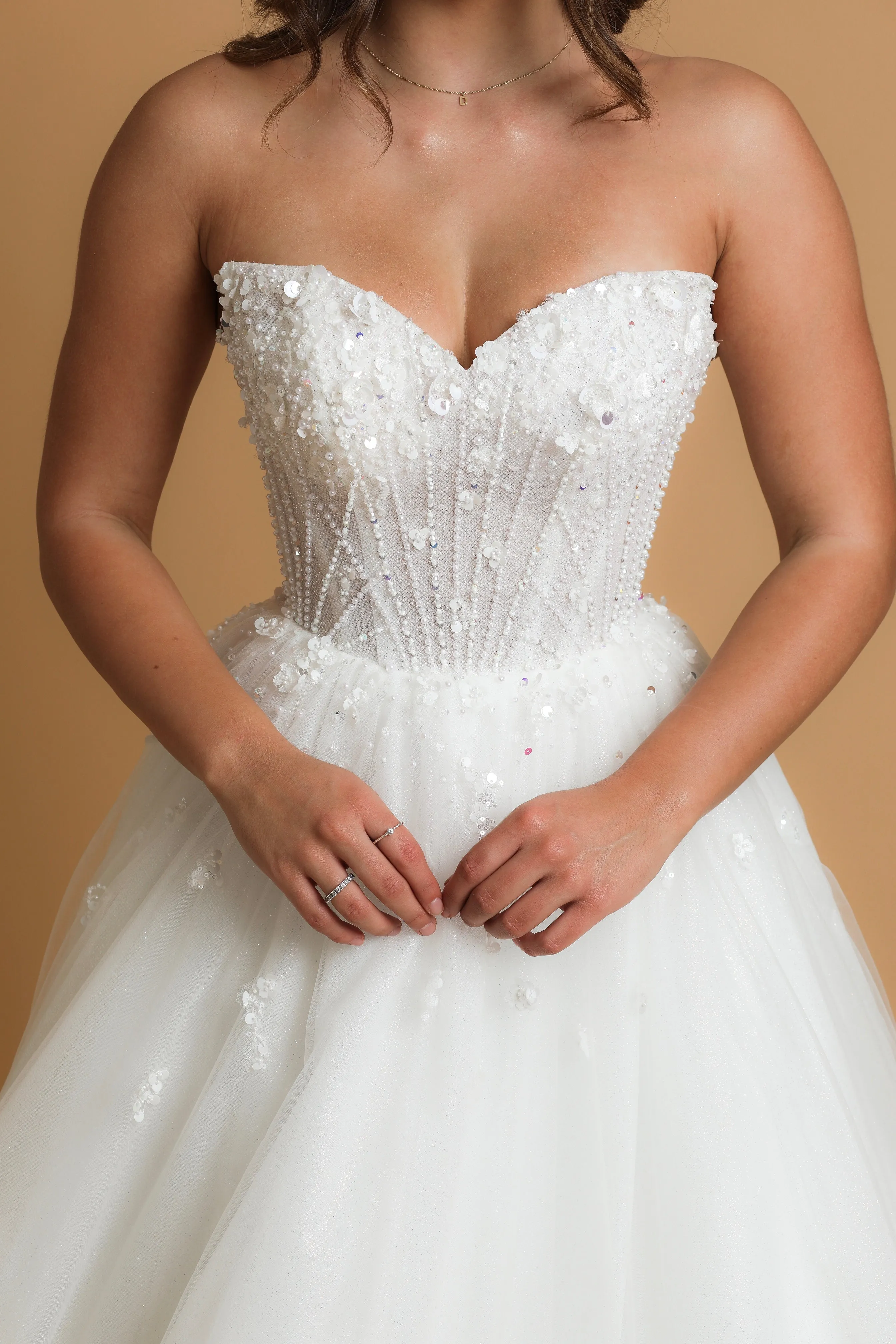 Strapless pointed neckline wedding dress for hire