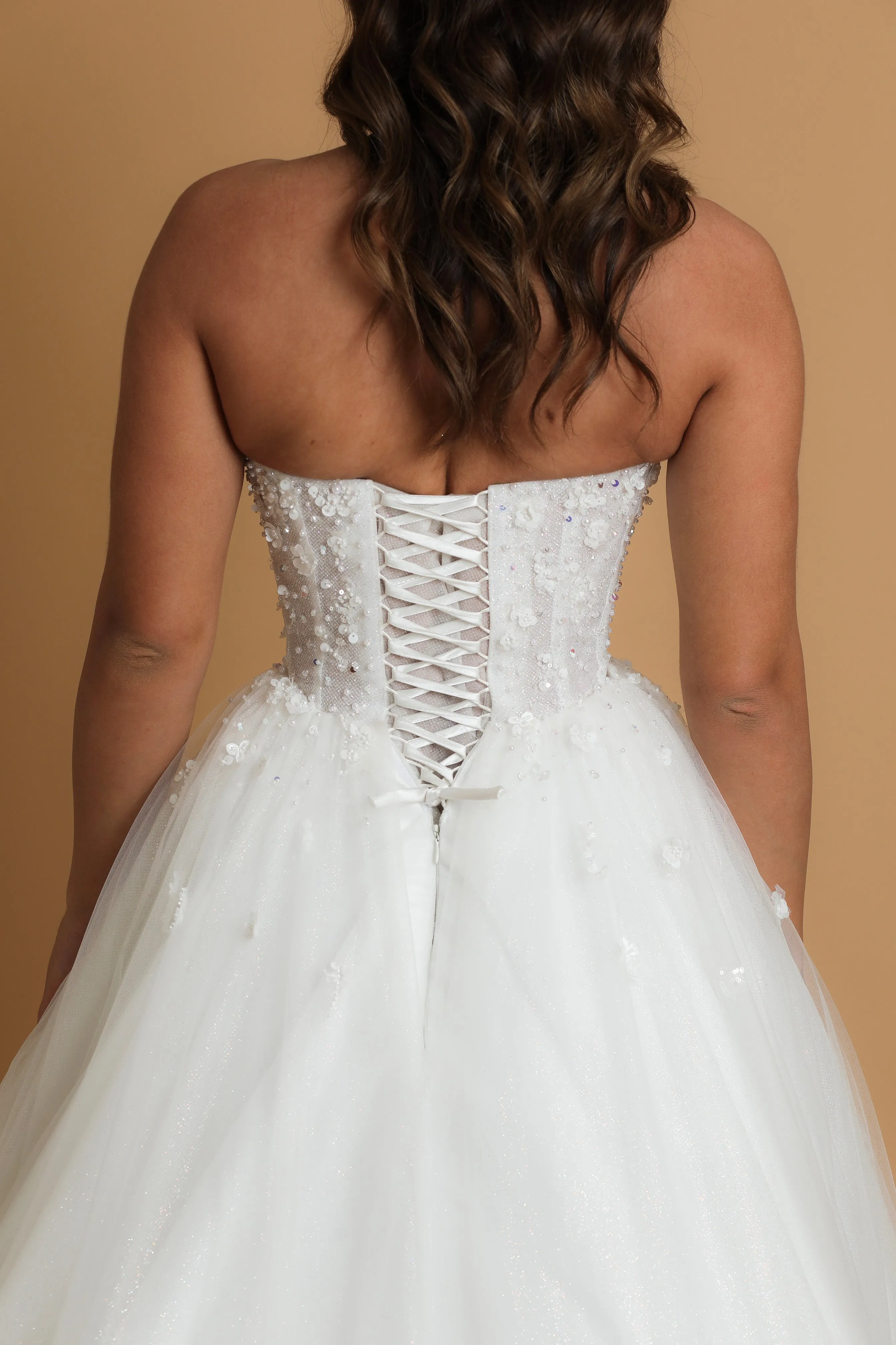 Strapless pointed neckline wedding dress for hire