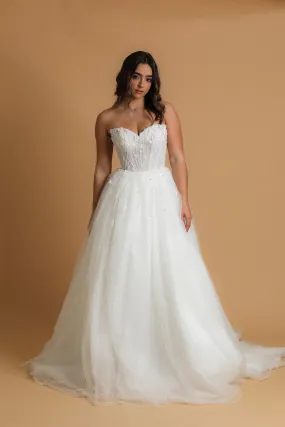 Strapless pointed neckline wedding dress for hire